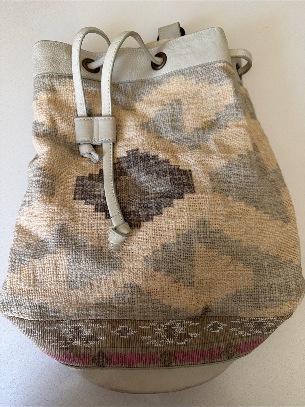 Free People Cream & Gray Patterned Drawstring Backpack